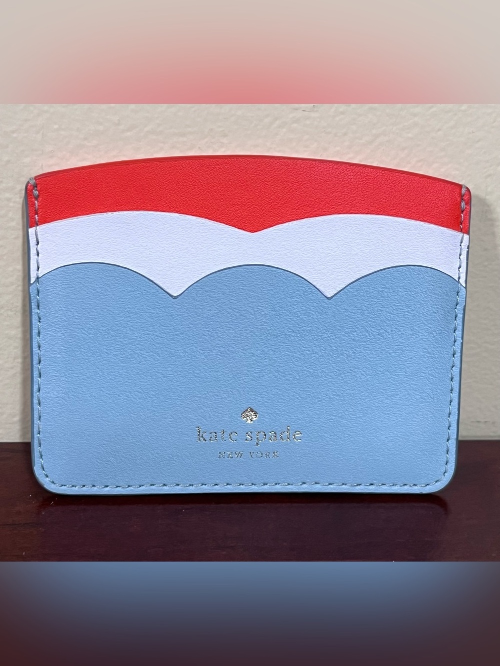 kate spade Colorblock Scallop Cardholder in Light Blue, White & Red